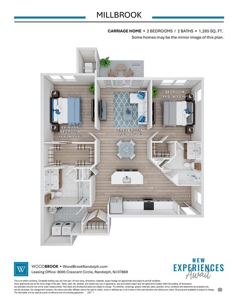 Floor plan for 2 beds, 2 baths, 1285 sqft